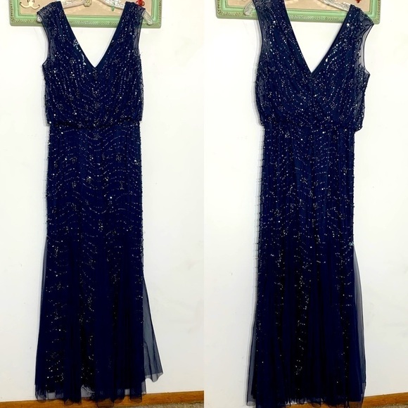 Aidan Mattox Sequin v-neck & back mermaid navy full length evening dress 8 women - Picture 1 of 10